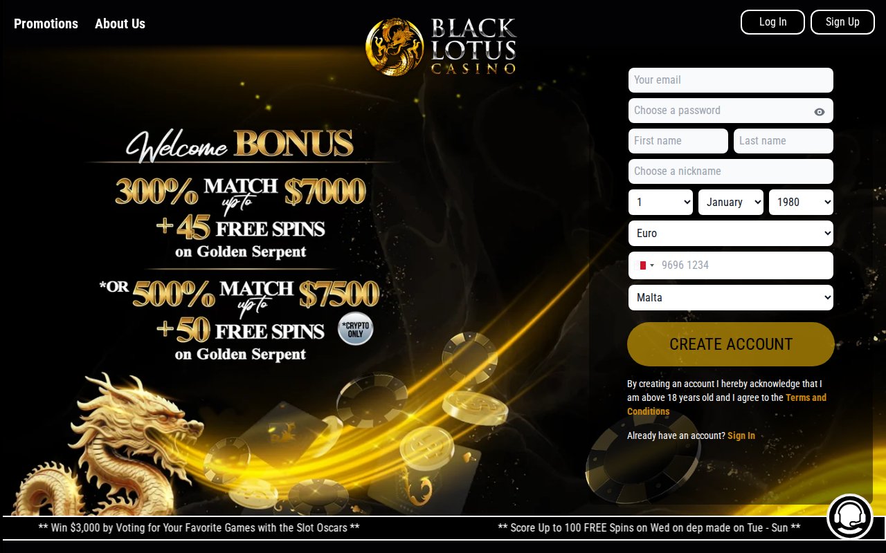Black Lotus Casino homepage screenshot